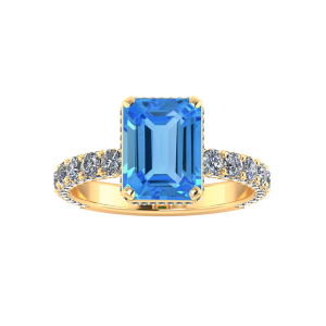 emerald cut blue topaz yellow gold pave diamond rings