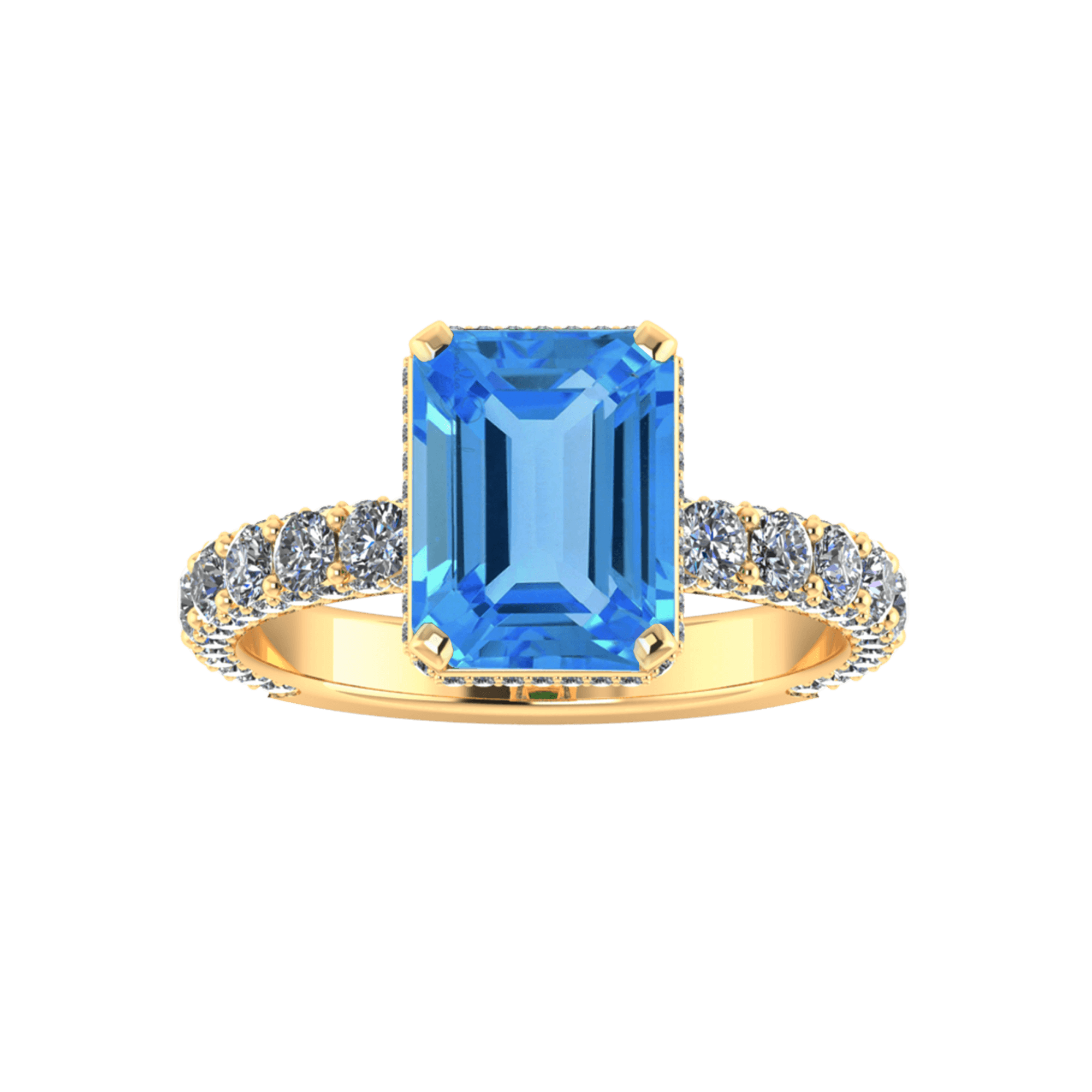 emerald cut blue topaz yellow gold pave diamond rings