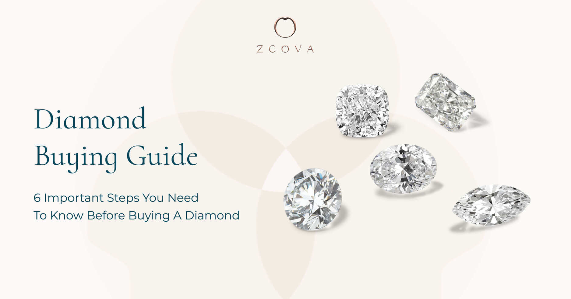 Blog banner image with loose diamonds in various cuts such as round cut, oval, marquise, emerald, and cushion cut