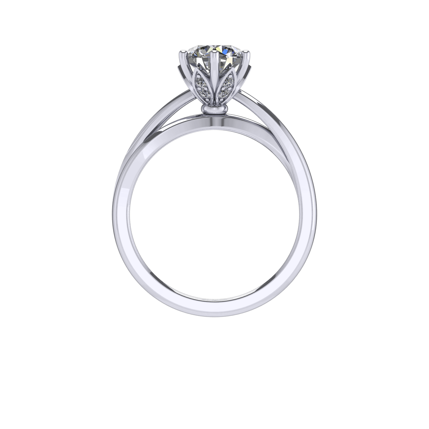 round diamond with cathedral tulip pave prong twist engagement ring