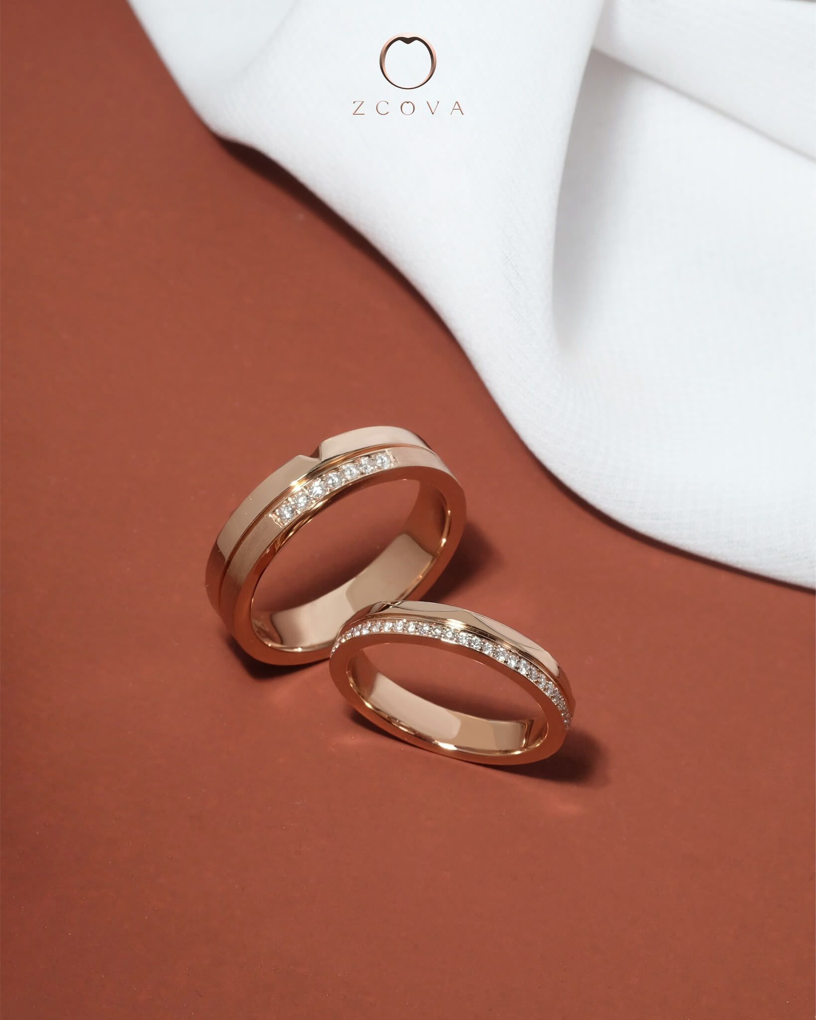 two pairs of matching rose gold wedding band with pave diamonds